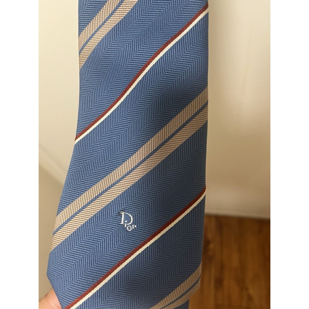 VTG Christian Dior Monsieur Repp Stripe Tie Blue Chevron Silk Blend Front Logo